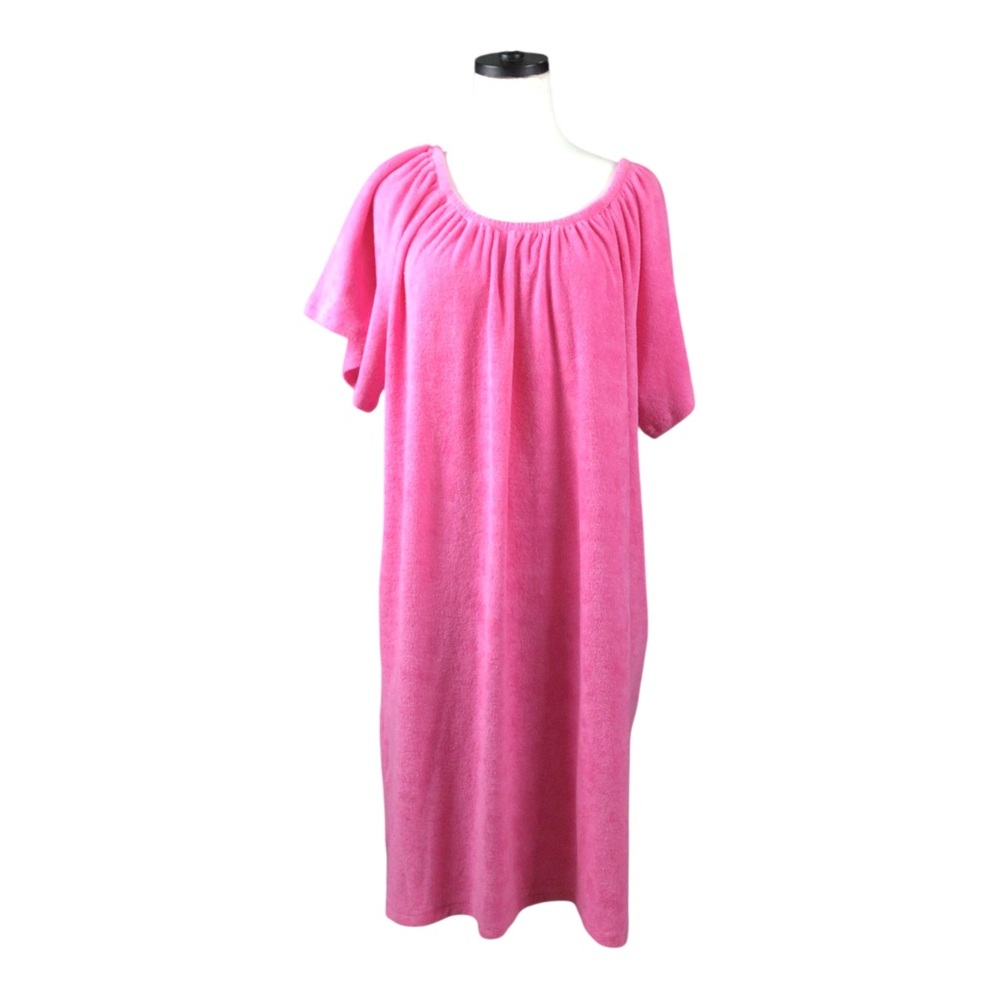 Vintage Collections ECT Bright Pink Terry Cloth Caftan House Dress XL Pockets